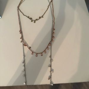 Lucky brand silver, gold and rose gold long layered necklace.